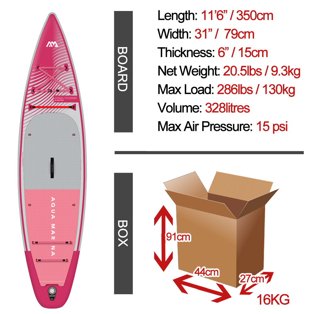Aqua Marina Coral 11'6" / 350cm Touring Adventure Stand Up Paddle Board- Pink