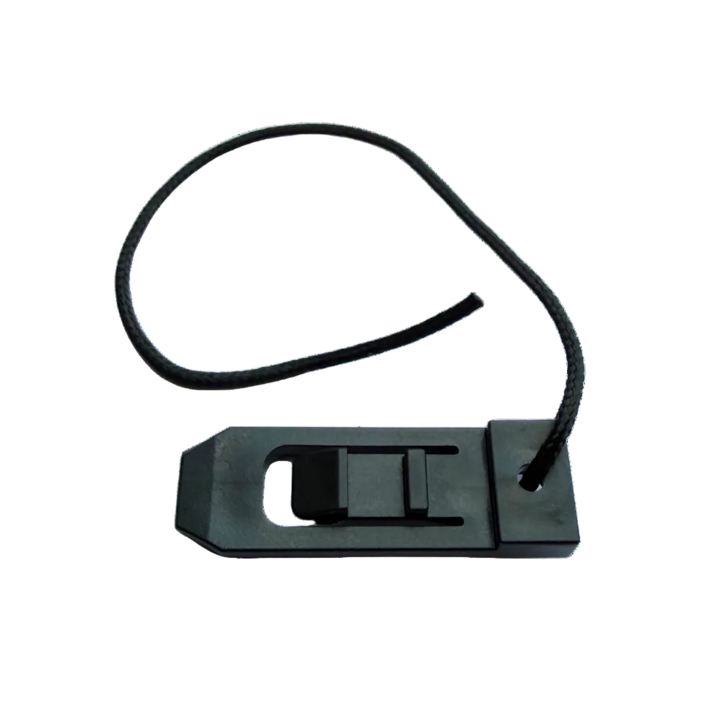 Black plastic clip with a wire on a white background