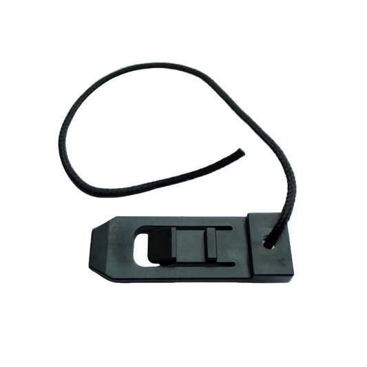 Black plastic clip with a wire on a white background