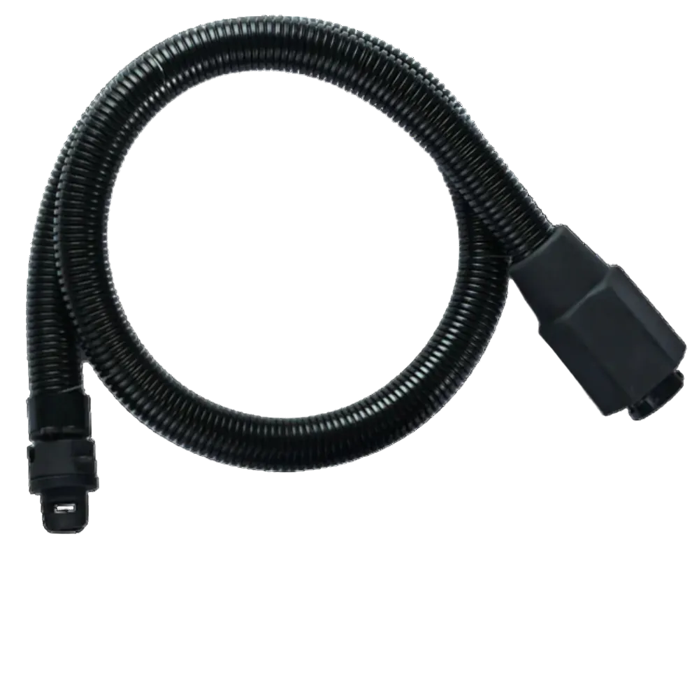 Black hose with connector on a white background