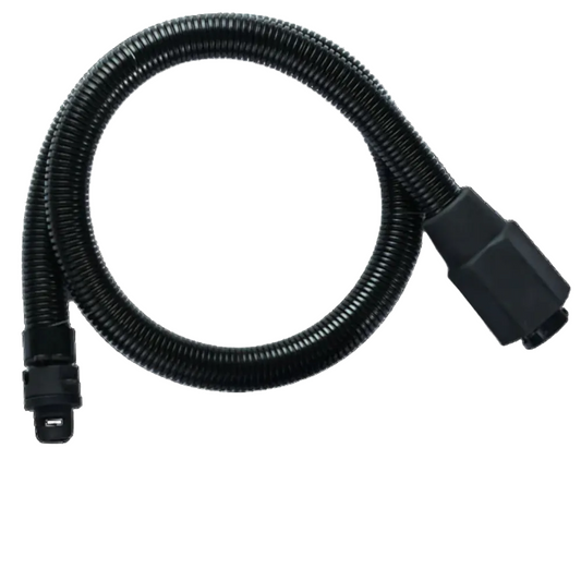 Black hose with connector on a white background
