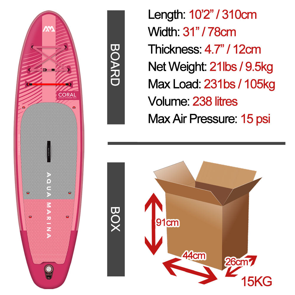 Aqua Marina Coral 10'2" / 310cm Advanced Stinger-Tech All Round Stand Up Paddle Board - Pink